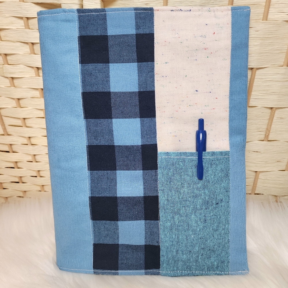 Handmade Quilted Blue Cotton Notebook Cover With Pen Pocket Pen Not Included